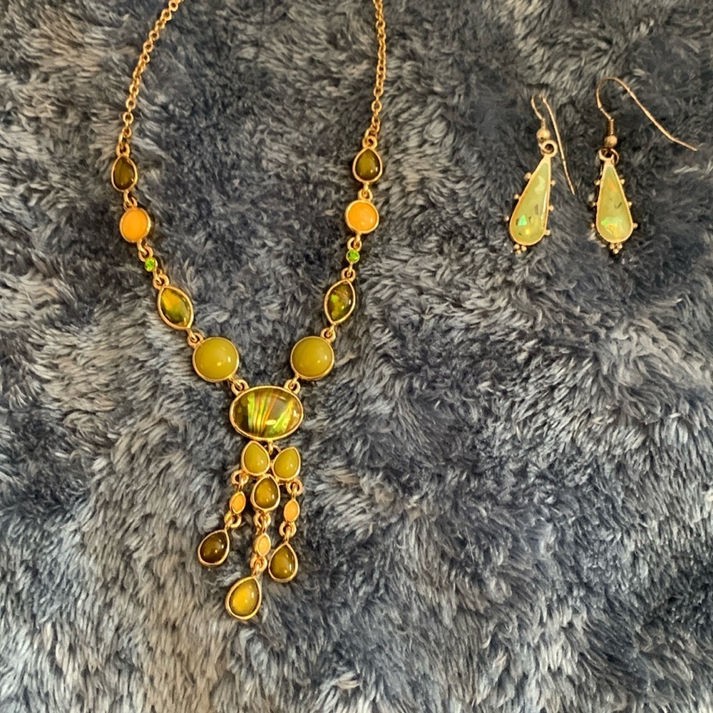 Monet Green and Gold Tone Necklace